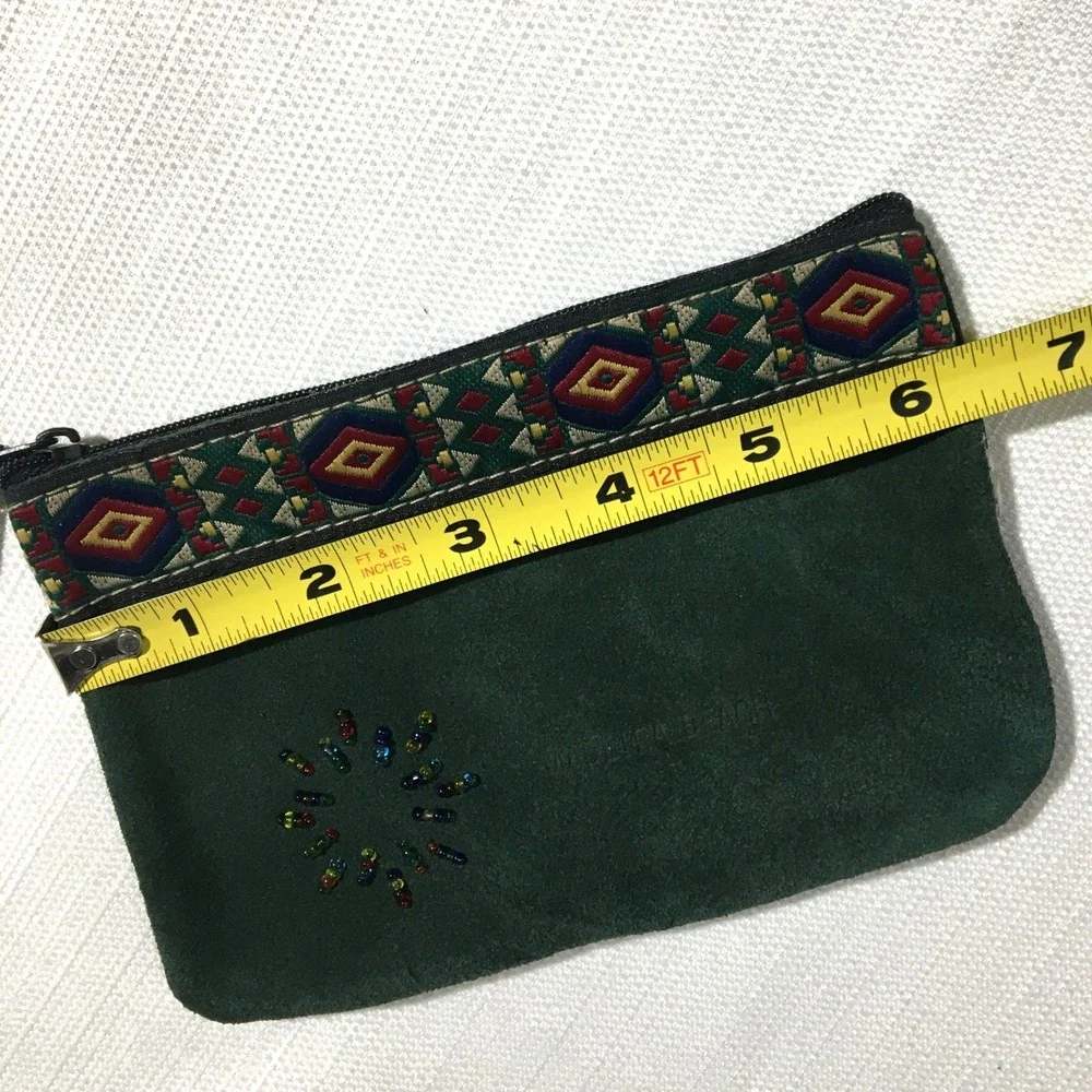 Green Suede Pouch Southwestern Beaded Zippered Small Bag Cosmetic‎ Travel